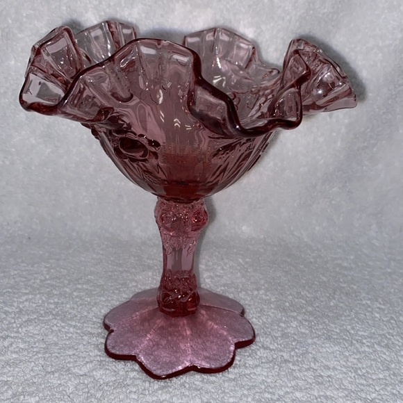 Vintage Fenton Art Glass Cabbage Rose Pink Ruffled Pedestal Compote Candy Dish - Picture 2 of 9